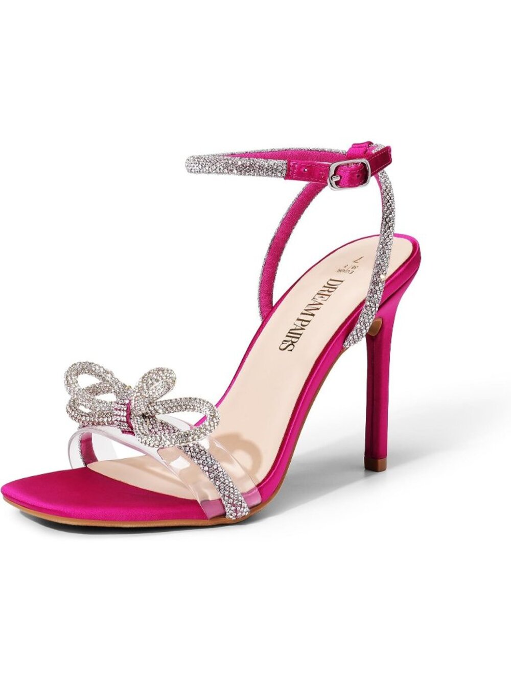 Women's Hot Pink Satin Double Bowknots Heel Sandals High Heeled Square Toe Shoes